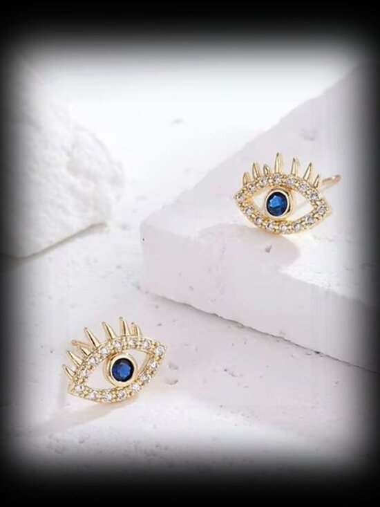 Boutique Jewelry - Gold Boho Evil Eye Protection Stud Earrings Blue Clear CZ | Eyelash | Talisman